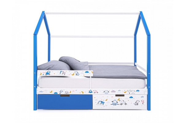 Кровать-домик Svogen ящики, бортик с рисунком синий/барашки