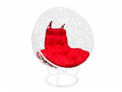 Кресло Кокон Круглый на подставке ротанг каркас белый-подушка красная