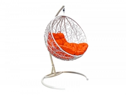 Подвесное кресло Кокон Круглый ротанг каркас белый-подушка оранжевая