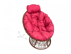 Кресло Папасан пружинка мини с ротангом каркас коричневый-подушка красная