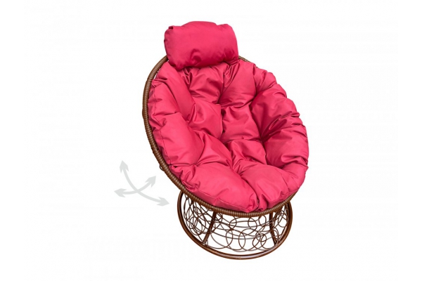 Кресло Папасан пружинка мини с ротангом каркас коричневый-подушка красная