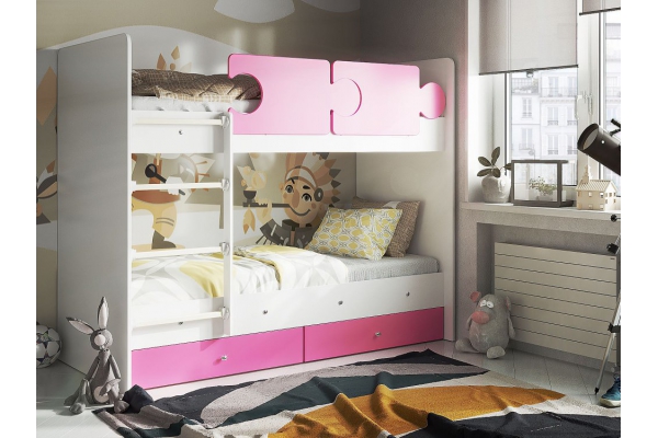 Кровать двухъярусная Тетрис латы с бортиками белый-розовый